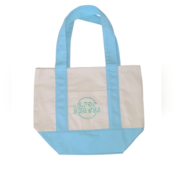 Rare Error Trader Joe's Blue and Cream Mini Tote Bag Upsidedown Logo - Picture 1 of 8